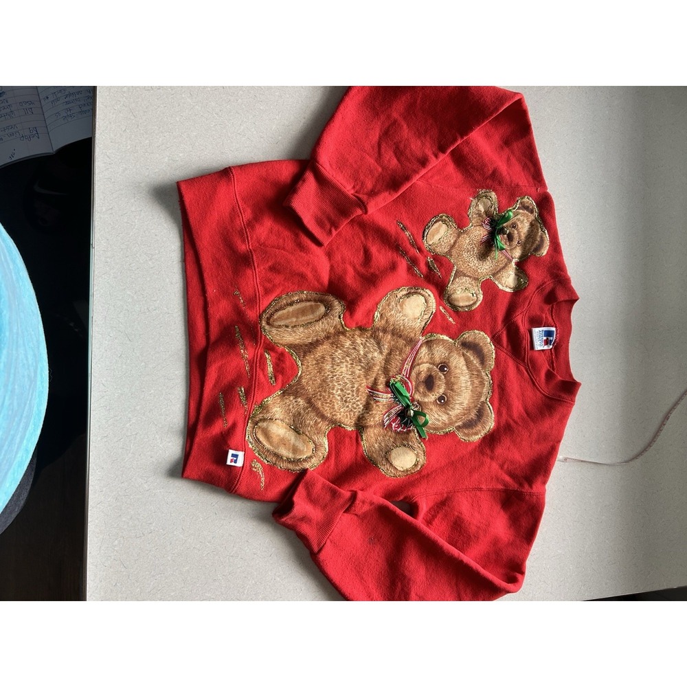 Vintage girls Russell‎ athletic youth medium uglyChristmas sweatshirt bear desig